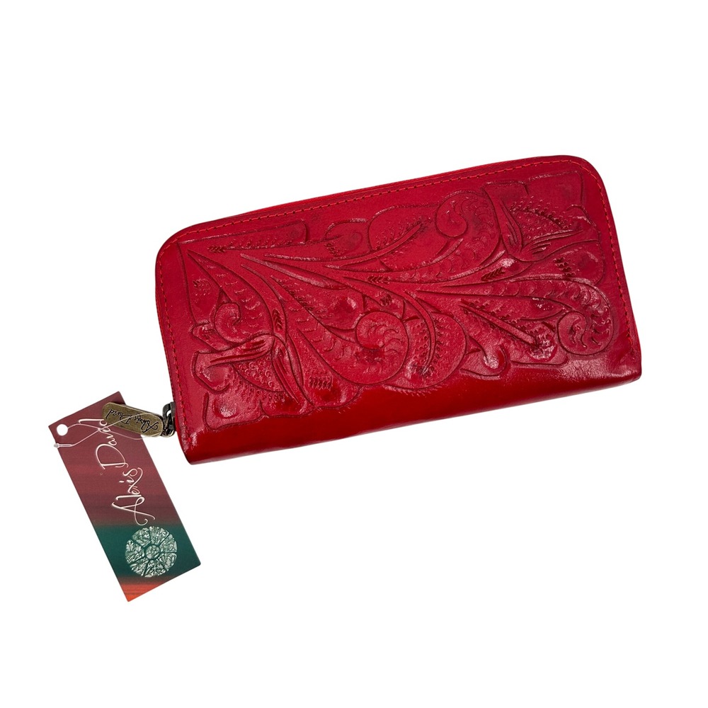Alexis David Red Tooled Leather Zip Around Wallet Floral Handmade Mexico 915 NWT
